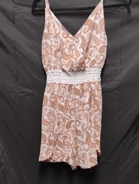 Justify Cream and Brown Paisley Spaghetti-Strap Mini Dress